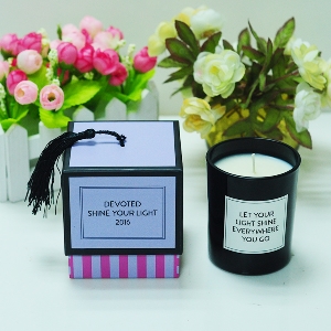 5.5oz scented candle in glossy black glass jar with cardboard gift box